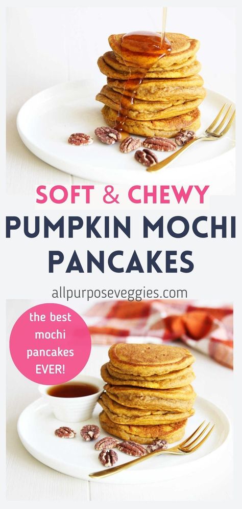 I’m not joking when I say these are the best pumpkin mochi pancakes recipe EVER. Chewy, soft and silkily fluffy, these Japanese inspired pumpkin mochi pancakes are surprisingly easy to make and 100% worth any effort. The addictingly “mochi” texture of these mochi pancakes comes from the addition of sweet rice (or glutinous rice) flour along with the almond flour which adds a nice nutty flavor — not to mention, keep them gluten free and nutritious. Gluten Free Pumpkin Pancakes Easy, Mochi Pancakes Recipe, Mochi Pancakes, Pumpkin Mochi, Mochi Recipes, Sweet Potato Pancakes Recipe, Homemade Breakfast Recipes, Exciting Recipes, Holidays Recipes