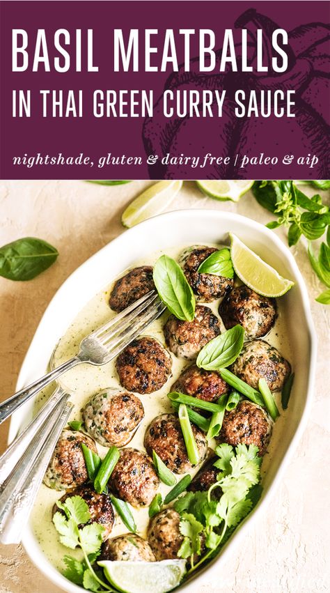 Basil Meatballs, Aip Diet Recipes, Lectin Free Foods, Nightshade Free Recipes, Green Curry Sauce, Autoimmune Recipes, Paleo Pork, Autoimmune Paleo Recipes, Aip Paleo Recipes