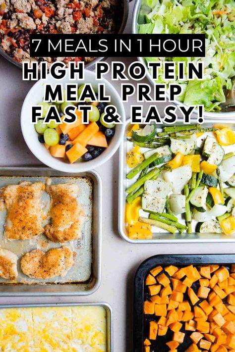 Learn how to meal prep 7 high-protein and high fiber dishes in just 1 hour for a week of easy, healthy eating. This quick meal prep guide shows you how to efficiently prepare lean proteins, veggies, and grains, so you can build balanced meals that keep you full and energized. Perfect for busy lifestyles, these simple recipes and time-saving tips will help you hit your protein goals without spending hours in the kitchen. Great for lunch, dinner, or post-workout fuel! Macro Prep Meals, Easy Bodybuilding Meal Prep, Meal Prep Lunch Ideas Healthy Eating High Protein, Easy High Protein Meal Prep Lunch, Easy Macro Meal Prep, Protein Fiber Meals, High Protein High Fiber Meal Prep, Macro Meal Prep For The Week, High Protein Cheap Meals