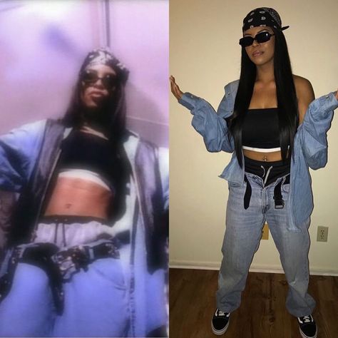 Aliyah Outfits 2000, 2000s Aaliyah Fashion, Early 2000s Party Theme Outfit, Iconic Rapper Outfits, 2000 Hip Hop Fashion Early 2000s, Beyonce Throwback Outfits, 2000 Rapper Costume, 90s Outfits Black Women Hip Hop, Aaliyah Bandana Outfit