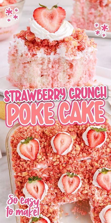 This stunning Strawberry Crunch Poke Cake is filled with a strawberry milk-gelatin mixture, topped with Cool Whip, crushed Oreos, and freshly halved strawberries! It's the perfect dessert for any special occasion such as birthdays, baby showers, or high tea! Strawberry Crunch Poke Cake, Strawberry Poke Cake, Strawberry Crunch Cake, Strawberry Poke Cakes, Homemade Whipped Cream Recipe, Poke Cake Recipe, Strawberry Crunch, Cookie Crunch, Strawberry Dessert Recipes