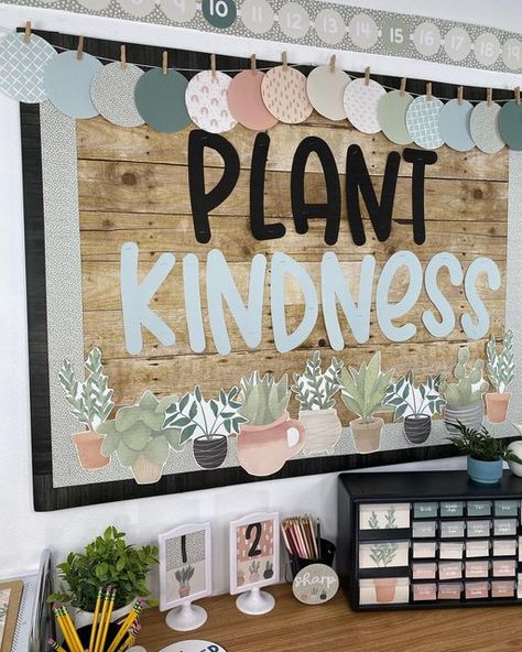 Plant Decor Classroom Ideas, Boho Classroom Door Decorations, Plants In The Classroom Decor, Green Preschool Classroom, Green Plant Classroom Decor, Eucalyptus Classroom Door Decor, Plant Classroom Bulletin Board, Green And Pink Classroom Decor, Neutral Boho Classroom Theme