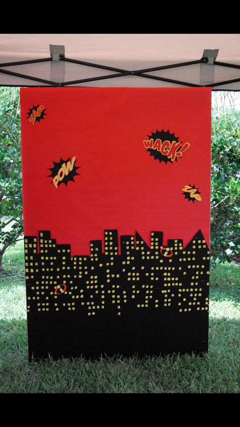 Incredibles Photo Backdrop used for my son's birthday! Superhero Birthday Party Ideas, Incredibles Birthday Party, Pixar Party, Spiderman Birthday Party, Batman Birthday, Blog Art, Superhero Birthday Party, Spiderman Birthday, 6th Birthday Parties