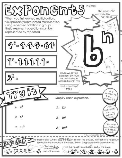 FREE "doodle note" sheet for 5th - 7th grade math - Basics of Exponents Math Exponents, Math Basics, Math Doodles, Prime Factorization, Math Enrichment, Sixth Grade Math, Math Notebook, Math Journal, Math Interactive