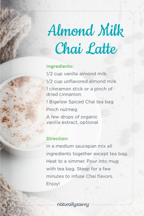 Almond Milk Drinks, Warm Drinks Recipes, Chai Latte Recipe, Spiced Chai, Clean Snacks, Vanilla Almond Milk, Latte Recipe, Chai Latte, Milk Cup