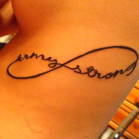 Army strong infinity tattoo. #armywife Army Mom Tattoos Sons, Military Wife Tattoos, Army Tattoo Ideas For Women, Army Wife Tattoos, Tattoo Placements, Strong Tattoos, Wife Tattoo, 100 Tattoo, Army Tattoos