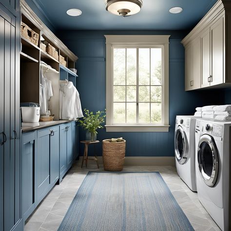 Double the washers, double the fun! Laundry day just got a whole lot easier in this spacious laundry room. With two washers and a dryer, you can get through your laundry in no time. Plus, there's plenty of storage space to keep everything organized. What's your favorite laundry room feature? Let us know in the comments! Dark Blue Laundry Room Walls, Navy Blue Laundry Room Walls, Laundry Room Blue Walls, Blue Laundry Room Walls, Color Drenched Laundry Room, Laundry Room Walls, Spacious Laundry Room, Blue Laundry Room, Dix Blue