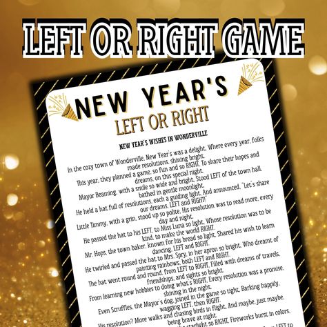 New Year's Eve Left Right Game for Instant Download Gear up for the countdown with our New Year's Eve Left Right Games, the perfect icebreaker for your year-end celebrations, office countdowns, and joyful gatherings. Ignite the laughter and create unforgettable moments as you pass along surprises with our engaging New Year's stories! Don't Wait for the Clock to Strike Twelve! Download now and get the party started with the playful exchange of tokens and tales. Features: 🎉 1 Festive New Year's-Themed Story. 📜 Printable narrative scripts for your game conductor. 📥 Instant access to download. Benefits: ✨ Ushers in the New Year with an engaging storyline. ️ Encourages interaction and unity among guests. 😆 A game brimming with giggles, unexpected turns, and memorable exchanges. Why choose o New Years Eve Left Right Game, New Years Left Right Game, New Years Eve Printables, Joyful Gatherings, Left Right Game, Gift Exchange Game, Family New Years Eve, Family Reunion Gifts, New Years Eve Games