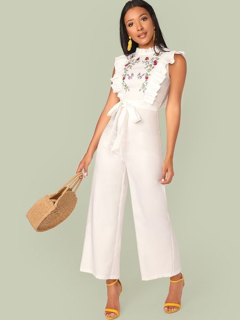 Mock Neck Ruffle Trim Embroidery Belted Palazzo Jumpsuit | SHEIN Trim Embroidery, Summer Jumpsuits, Embroidery Belt, Button Fly Pants, Palazzo Jumpsuit, Embroidered Jumpsuit, Jumpsuit White, Belt Jumpsuit, Shein Pants