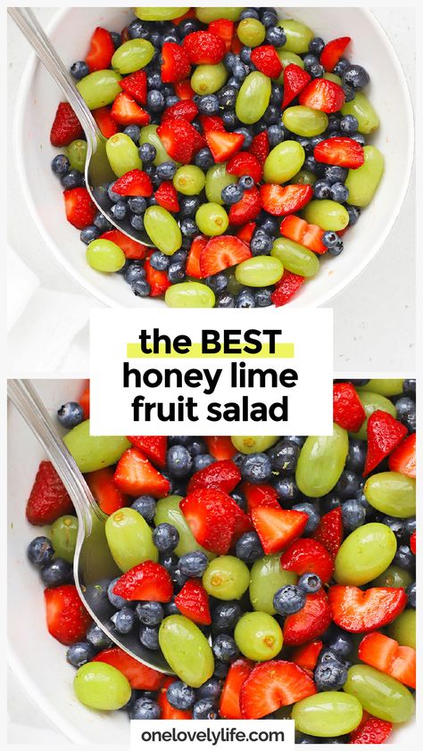 Honey Lime Fruit Salad is the BEST favorite fruit salad recipe! This easy side dish is perfect for busy weeknights, summer barbecues, picnics, potlucks & more! Made from a combination of green grapes, fresh strawberries, fresh blueberries, and an easy honey lime dressing, it's always a crowd favorite! Get the recipe and more fruit salad recipes to try at One Lovely Life. Berry Salad With Honey Lime Dressing, Fruit Salad With Chia Seeds, Bbq Fruit Salad, Fruit Salad Honey Lime Dressing, Small Fruit Salad, Colorful Fruit Salad, Fruit Potluck Ideas, Fruit Dishes For Breakfast, Potluck Dishes Summer