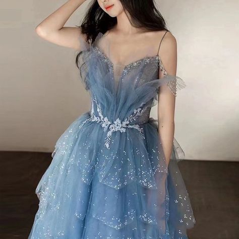 Saunderoll - Spaghetti Strap Mesh A-Line Evening Gown | YesStyle French Princess, Princess Evening Dress, Quinceanera Dresses Blue, Blue French, Princess Inspired, Blue Evening Dresses, Princess Cake, Evening Dress Fashion, Dinner Outfits