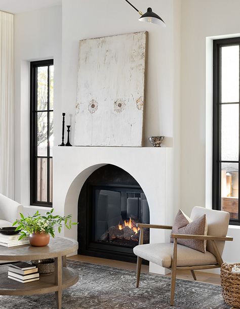 Fireplace Revamp Ideas, Spanish Style Electric Fireplace, Spanish Style Fireplaces, Modern French Fireplace, Fireplace With Arched Opening, Fireplace With Large Hearth, Moss Fireplace, Arched Fireplace Ideas, Arched Gas Fireplace