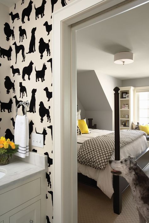 Dog-themed bathroom and bedroom Dog Rooms, Traditional Bedroom, Black And White Wallpaper, Dog Wallpaper, Remodel Bedroom, Ideas Pictures, Room Wallpaper, Dog Themed, Farmhouse Chic