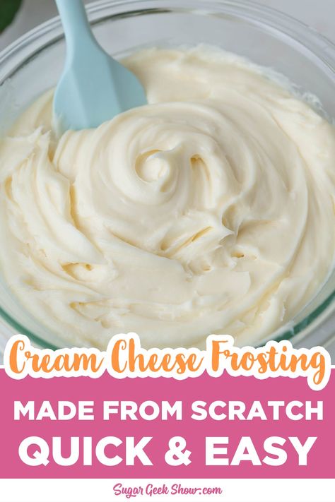 This super smooth cream cheese frosting has the perfect amount of sweetness and tanginess. This is an easy recipe perfect for frosting cakes and cupcakes and will stay soft and fluffy! It's the perfect complement to red velvet cake, carrot cake, cinnamon rolls, and pumpkin cake. #creamcheesefrosting #creamcheese #frosting Cream Cheese Icing For Carrot Cake, Cream Cheese Frosting For Carrot Cake, Carrot Cake Frosting Recipe, Buttercream Frosting Recipe Easy, Carrot Cake Cinnamon Rolls, Cake Cinnamon Rolls, Homemade Cream Cheese Icing, Doctored Cake Mix Recipes, Homemade Cream Cheese Frosting