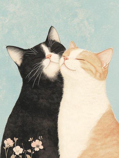 Adorable Cat Couple Canvas Print Inspired by Contemporary Art for Home Decor and Animal Lovers Digital Download by CustomCanvasCurators 🐾 Calling all cat lovers! Check out this charming artwork capturing the adorable bond between two feline friends. With its lifelike details and whimsical floral elements, it's the purr-fect addition to any wall art collection. Whether you're a cozy cat enthusiast or looking to add some joy to your space, this piece is guaranteed to spark joy and conversatio... 2 Cats Illustration, 2 Cats Kissing, 2 Cats Painting, Tuxedo Cat Illustration, Two Cats Illustration, Two Cats Painting, Cats Sitting Together, Cats Art Illustration, Two Lovers Art