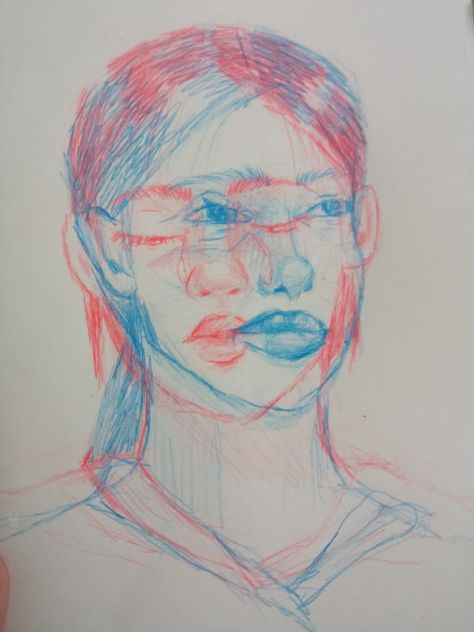 Blue And Red Sketch, Red And Blue 3d Effect Drawing, Blue Red Drawing, Red Blue Drawing, Red And Blue Drawing, Art Igcse, Distortion Art, Art Homework, Red Portrait