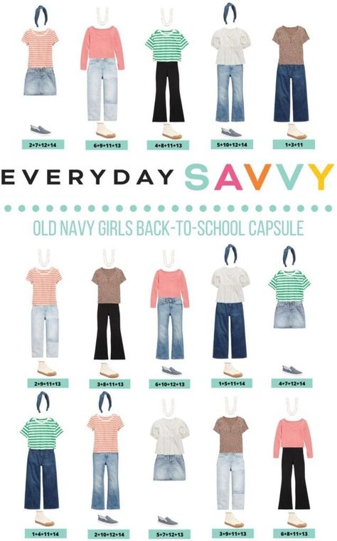 Fun fall girls back to school clothes capsule wardrobe. 15 mix and match back to school outfits. Includes cute jeans, adorable tees and a jean skirt. 6th Grade Back To School Outfits, Cute Outfits For School Middle 6th Grade, Girls Back To School Outfits, Back To School Outfits For Kids, Cute Back To School Outfits, Clothes Capsule, Outfits Capsule Wardrobe, Middle School Fashion, Dress With Turtleneck