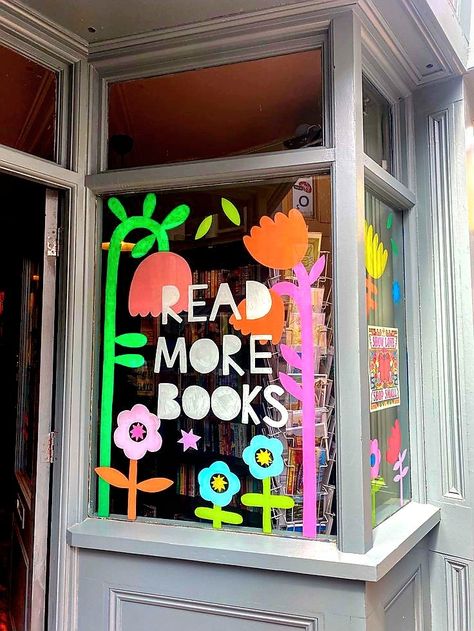 Class Window Display, Unique Book Display, Christian Book Store Ideas, Art Studio Window Display, Library Window Art, Bookstore Window Displays, Colorful Bookstore, Library Window Displays, Bookstore Signage