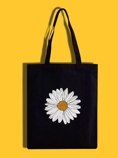 Diy Tote Bag Design, Diy Tote Bag, Floral Bags, Custom Tote Bags, Floral Graphic, Black Tote, Shoulder Tote Bag, Shopper Bag, Black Tote Bag