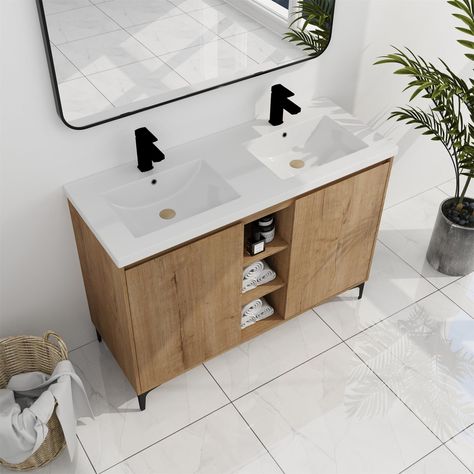 PRICES MAY VARY. ♥♥【48 inch Double Sink Bathroom Vanity】This resin sink consists of two interconnected basins, offering versatility and functionality. The design features clean lines, adding a modern touch to any bathroom. ♥♥【Efficient Storage Function】This floor standing double sink bathroom vanity has 2 cabinets with soft closing doors and 3 middle open shelves which offers extra storage space to make room clean and tidy. ♥♥【48in Floor Mounted Bathroom Vanity Set with Sink and Cabinet】Premium Vanity Double Sink, Bathroom Vanity Double Sink, 48 Inch Bathroom Vanity, Wood Bathroom Cabinets, Freestanding Vanity, Oak Plywood, Double Door Design, Double Sink Vanity, Double Sink Bathroom