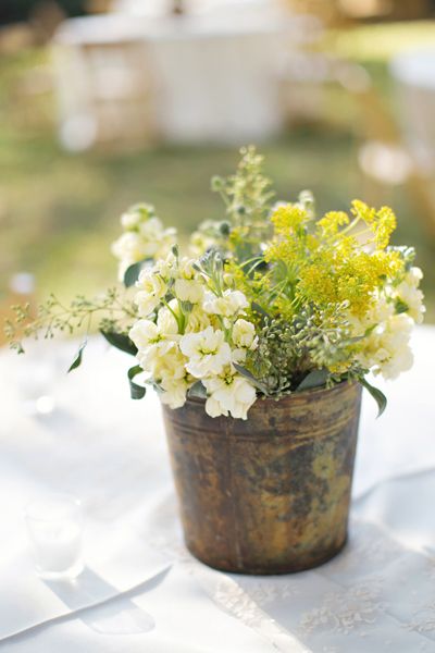 Bucket Centerpiece, Tin Buckets, Vintage Bucket, Centerpieces Wedding, Blank Slate, Southern Weddings, Georgia Wedding, Arrow Decor, Mellow Yellow