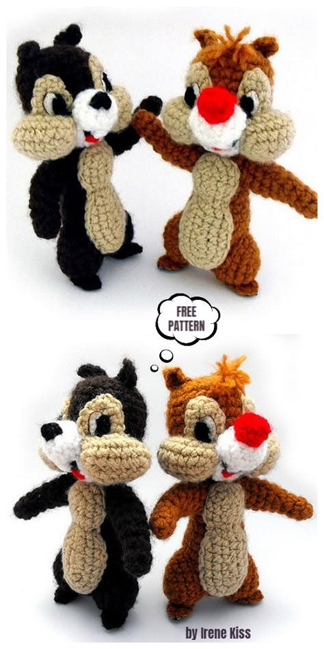 Crochet Chip & Dale Amigurumi Free Patterns - DIY Magazine Crocheted Stuffed Animals, Disney Crochet Patterns, Crochet Toys Free, Crochet Animal Amigurumi, Confection Au Crochet, Crochet Disney, Crochet Animals Free Patterns, Diy Magazine, Crochet Amigurumi Free Patterns