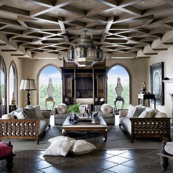 Martyn Lawrence Bullard Design, Malibu Mansion, Carved Bench, Moroccan Chandelier, Martyn Lawrence Bullard, Malibu Home, Celebrity Homes, Pierre Frey, Spacious Living Room