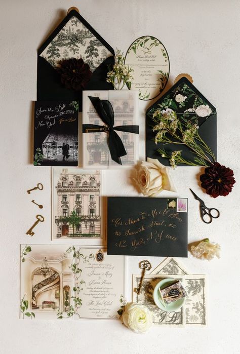 Whimsical garden-inspired wedding invitation suite.| Image by Michelle Scott Dark Academia Wedding, Black Tie Wedding Invitations, Whimsical Wedding Invitations, Autumn Invitations, Wedding Dress Gallery, Wedding Options, Wedding Planning Tools, Black Tie Affair, Wedding Planning Checklist