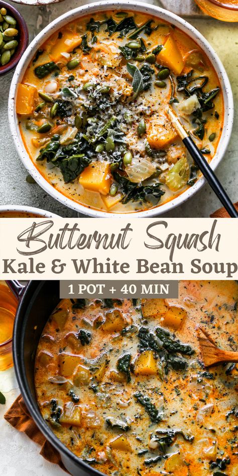 Butternut Squash, Kale and White Bean Soup - Dishing Out Health #HeartyWinterWarmerSoups Kale And White Bean Soup, Kale And White Bean, Butternut Squash Kale, White Bean Soup, Soup And Stew, Dinner Healthy, White Bean, Squash Recipes, Healthy Soup Recipes