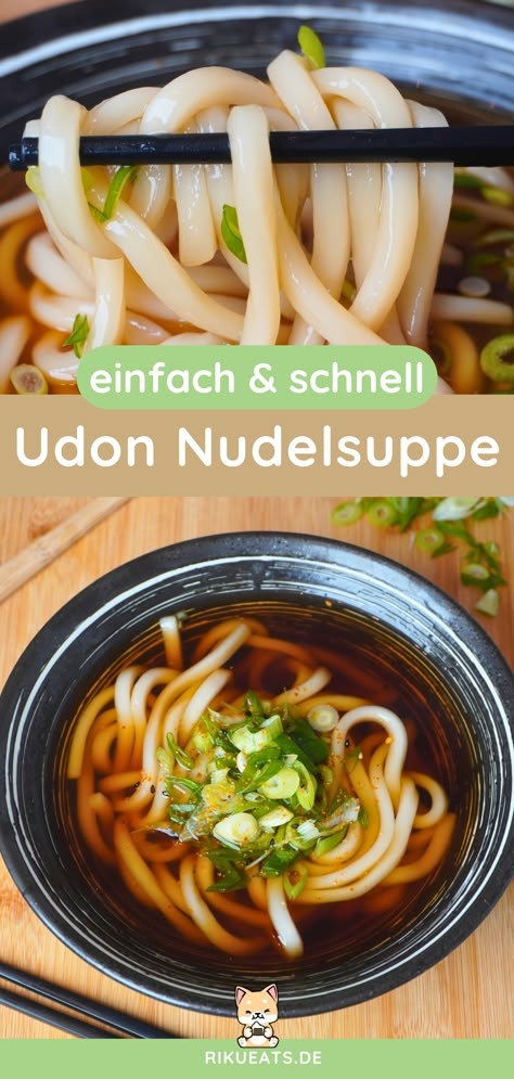 Diese Udon Nudelsuppe ist nicht nur ganz einfach in unter 10 Minuten gemacht, sondern sie ist auch sehr lecker und ein richtiges Wohlfühlessen. Unter sogenanntem „Kake Udon“ versteht man eine japanische Nudelsuppe mit Udon Nudeln und einer Dashi Brühe, welche du mit Zutaten wie Sojasauce, Mirin, Sake und Zucker verfeinerst. Mit diesem Rezept gelingen dir die Udon Nudeln garantiert! Kake Udon, Japanese Udon, Udon Noodle Soup, Japanese Curry, Udon Noodles, Noodle Soup Recipes, Cooking Guide, Japanese Dishes, Japan Food