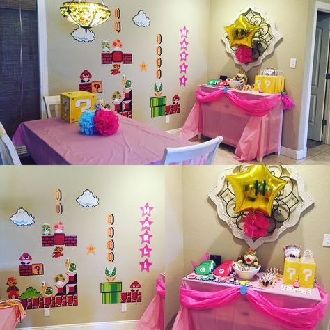 Diy Princess Peach Birthday, Princess Peach First Birthday, Diy Princess Peach Decorations, Super Mario Princess Birthday Party, Princess Peach Party Decorations Diy, Mario Princess Peach Birthday Party, Princess Peach Themed Party, Princess Peach Party Ideas Decoration, Princess Peach Birthday Theme