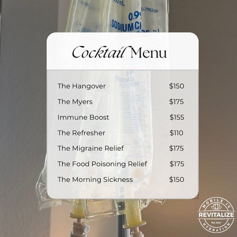 Indulge in our refreshing IV Cocktail Menu! 🍹💧 Whether you need a boost of energy, hydration, or recovery, our custom IV cocktails are tailored to meet your needs. Experience the ultimate in wellness and relaxation with Revitalize Mobile IV Hydration. Cheers to health and vitality! 🎉 #IVCocktails #MobileIV #Hydration #Wellness *small nominal travel fee not listed in pricing dependent on location. Iv Hydration Quotes, Mobile Iv Hydration Van, Iv Therapy Aesthetic, Iv Lounge Interior Design, Iv Hydration Business, Iv Business, Iv Bar, Mobile Iv Hydration, Vitamin Therapy