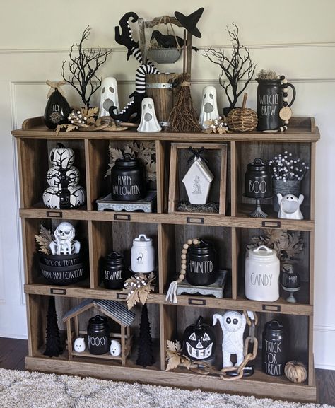 Rae Dunn Halloween Display, Cubby Ideas, Rae Dunn Display, Porch Fall Decor, Hutch Display, Living Room Wall Decor Ideas, Halloween Apothecary, Room Wall Decor Ideas, Pagan Decor