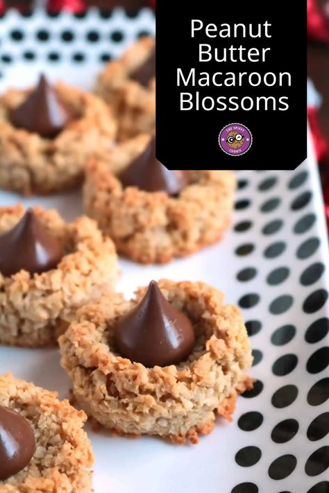 Peanut Butter Macaroon Blossoms are an ode to the classic peanut butter cookie topped with a chocolate kiss but instead made with a peanut butter macaroon base. #thespiffycookie #glutenfree #peanutbutter #blossom #macaroon #coconut #hersheys Macaroon Blossoms, Homemade Peanut Brittle, Pecan Snowball Cookies, Peanut Brittle Recipe, Classic Peanut Butter Cookies, Chocolate Covered Peanuts, Blossom Cookies, Holiday Cookie Exchange, Gluten Free Peanut Butter