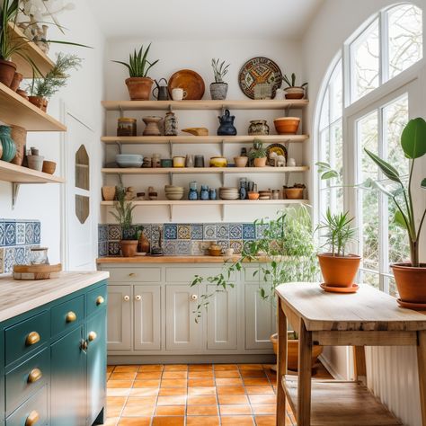 Mexican Farmhouse Decor, Mexican Farmhouse, Modern Boho Kitchen, Boho Kitchen Ideas, Sage Green Kitchen, Eclectic Kitchen, Tiny House Kitchen, Boho Kitchen, Butcher Block Countertops