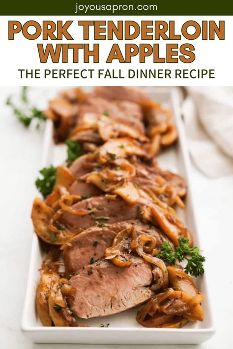 A delicious and easy recipe where juicy herb seasoned pork tenderloin is cooked with apples and onions. One pan meals are the way to go for a quick tasty dinner! Seasoned Pork Tenderloin, Easy Pork Recipe, Pork And Apples, Pork Tenderloin With Apples, Apples And Onions, Apple Pork Tenderloin, Baked Pork Tenderloin, Quick Delicious Dinner, Cooking Pork Tenderloin