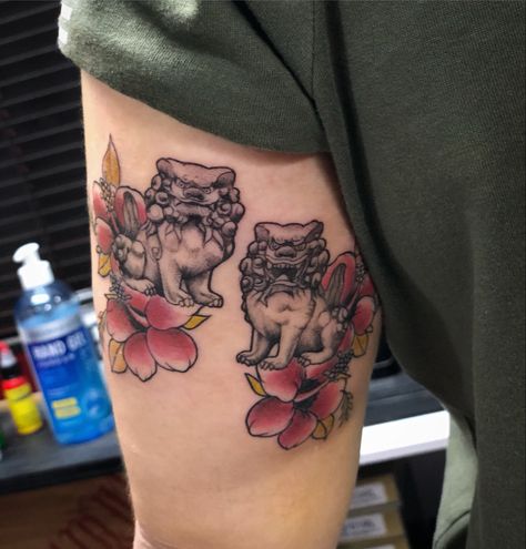 Okinawan Shisa Dog Tattoo, Okinawa Tattoo Ideas, Okinawa Tattoo, Guardian Tattoo, Godzilla Tattoo, Foo Dog Tattoo, Outer Forearm Tattoo, Bunny Tattoo, Line Tattoo Ideas