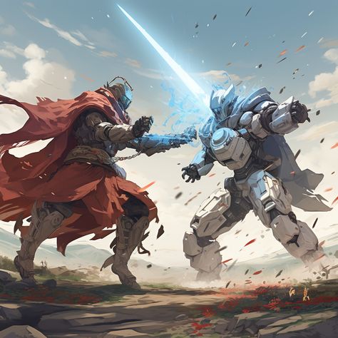 #4 a small battle scene of a duel. The duel is between a mecha styled like a medieval knight that is a sword wielding mecha that is fighting with a western bandit styled mecha that is wearing a poncho and using a shotgun #aiartcommunity #MidJourney #nft #AI #art #painting #nftartist #AIartgallery #DigitalArt #artwork #AIart #generativeart #GenerativeAI #artwork #artist #artistsofinstagram Western Bandit, Battle Scene, Medieval Knight, Generative Art, Mobile Game, Battlefield, Art Painting, Digital Art, Quick Saves