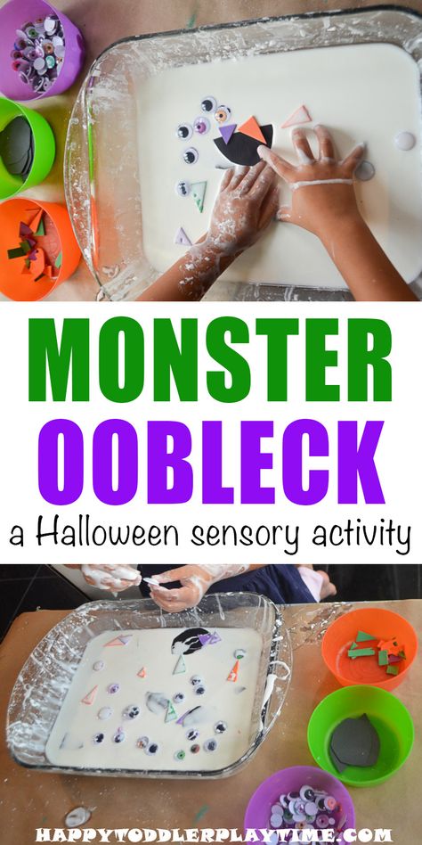 Monster Oobleck - HAPPY TODDLER PLAYTIME Create goopy oobleck monsters with this simple two ingredient taste-safe recipe! Perfect for toddlers and preschoolers this Halloween! #halloweenactivities #sensory #kidsactivities Ghosts Preschool, Creche Ideas, Monster Activities, Sensory Tray, Halloween School Treats, Halloween Monsters, Halloween Sensory, Halloween Week, Two Ingredient