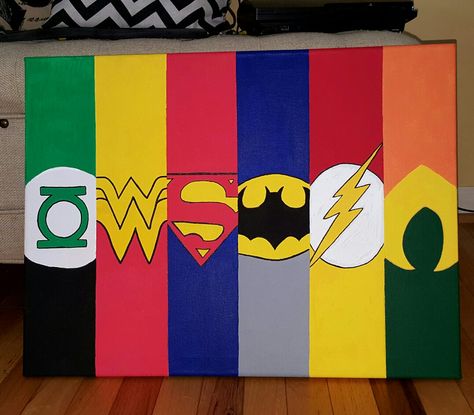 Green Lantern, Wonder Woman, Superman, Batman, The Flash, Aquaman.  Canvas painting Avengers Canvas Painting, Superhero Canvas Painting, Superman Painting, Superhero Painting, Wonder Woman Superman, Avengers Painting, Superhero Canvas, Superman Drawing, Disney Canvas Paintings