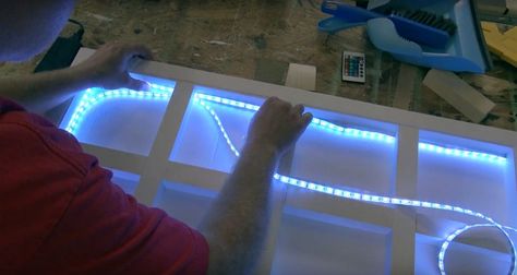 Diy Headboard With Led Lights, Led Headboard, Boy Headboard, Diy Headboard With Lights, Pallet Headboard Diy, Wall Behind Bed, Headboard Projects, Farmhouse Headboard, Led Lighting Diy