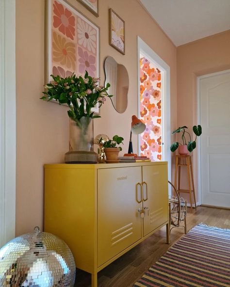 Mustard Made Locker, Colourful Eclectic, Storage Hallway, Colorful Apartment, Pc Setups, Rental Apartment, Hallway Designs, Pinch Me, Deco Retro