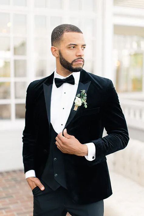 Black Velvet Tuxedo Wedding, Black Paisley Tuxedo, Black Tie Garden Party, Bff Shoot, Gala Attire, Groomsmen Style, Garden Chic Wedding, Green Weddings, Little White Chapel