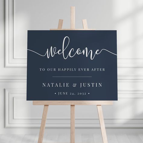 Navy Blue Wedding Theme, Happily Ever After Wedding, Ever After Wedding, Handwritten Calligraphy, Bridal Decorations, White Typography, Blue Themed Wedding, Wedding Posters, Calligraphy Script