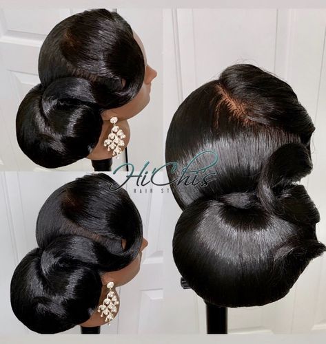 Pin Curl Bun Updo Wedding Hairstyles, Quick Wedding Updo, Event Updo Hairstyle, Wedding Bun Hairstyles For Black Women, Prom Bun Hairstyles, Hair Ideas Simple, Long Hairstyles Updo, Black Hair Bun Styles, Hairstyle Buns