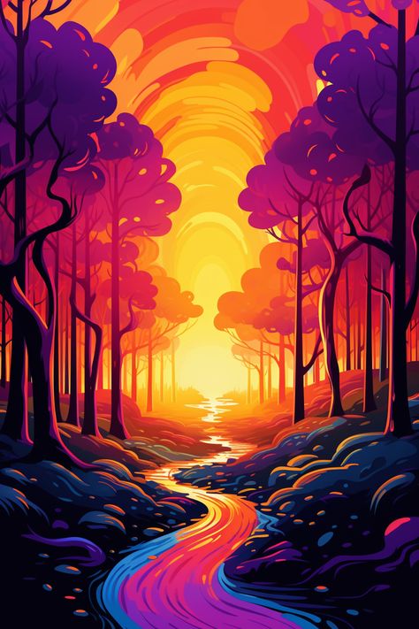 Transform your living space with this mesmerizing Trippy Landscape Forest Art. Featuring a vibrant and colorful depiction of a serene forest at sunset, this wall art brings a burst of energy and tranquility to any room. Perfect for adding a touch of nature-inspired beauty to your bedroom or creating a focal point in your living area. The high-quality print and vivid colors make it a captivating addition to your home decor. Trippy Landscape, Trippy Landscape Painting, Trippy Road Art, Focal Point Art, Forest At Sunset, Trippy Mountain Art, Trippy Forest Art, Red Skies, Colorful Bedroom Decor