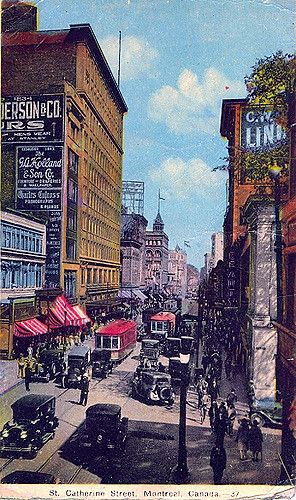 Post Card I bought in Almonte, Ontario. It shows St Catherine Street in Montreal. It appears to have been taken in the 1920's or 30's. Memorial University Of Newfoundland, Street Photography Paris, Newfoundland Travel, Montreal Travel, University Of Calgary, Old Montreal, Travel Oklahoma, Of Montreal, St Catherine