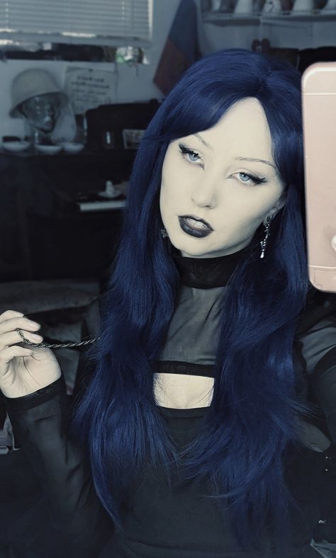 Navy Goth, Girl With Dark Blue Hair, Goth Blue Hair, Blue Hair Black Tips, Dark Blue Hair Ideas, Goth Hair Inspiration, Denim Blue Hair Color, Blue Alt Hair, Dark Blue And Black Outfit