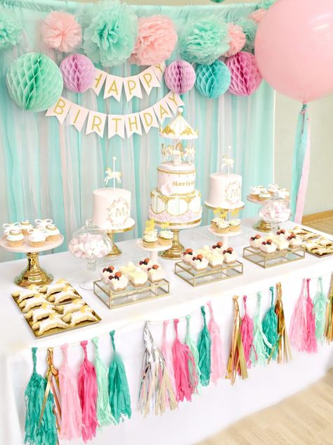 Pink, Mint and Gold Carousel Cake Dessert Table Birthday Party Cherie Kelly London Dessert Table Birthday Party, Cake Table Decorations Birthday, Birthday Cake Table, Cakes Decor, Birthday Party Table Decorations, Cake Table Birthday, Dessert Table Birthday, Carousel Cake, Birthday Table Decorations