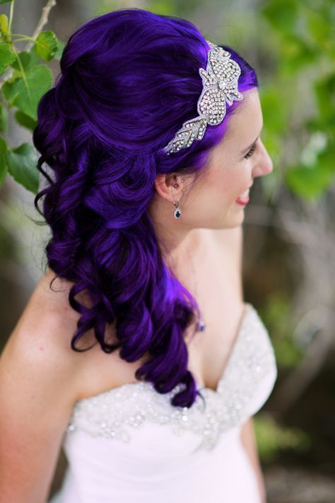 Diy Wedding Hair Pieces, Purple Hair Updo, Pink White And Silver Wedding, Purple Hair Trends, Ombre Hair Purple, Wedding Hair Veil, Hair Pieces For Wedding, Purple Wedding Hair, Plum Purple Hair